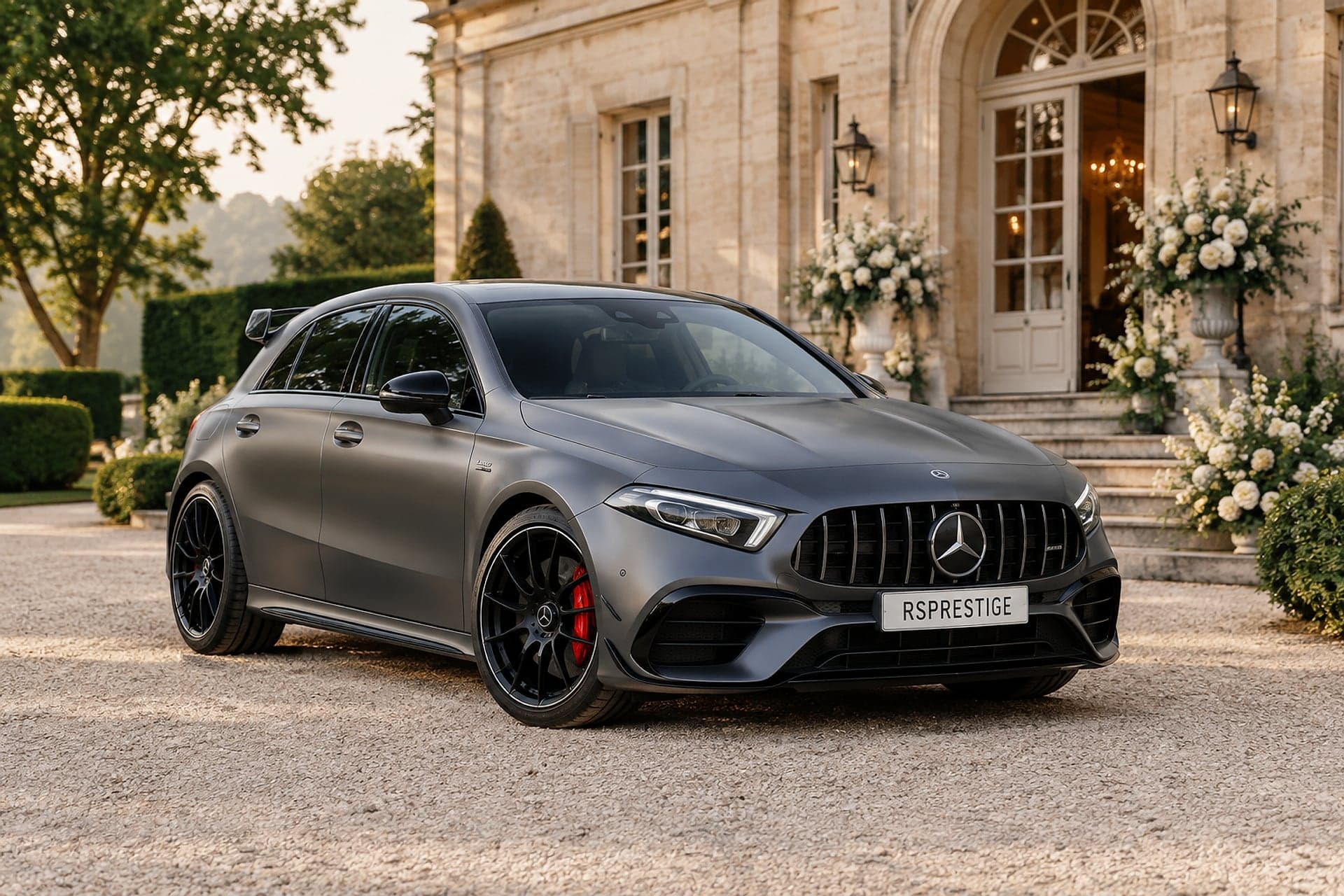 Mercedes-AMG A 45 S grise mate devant un château fleuri