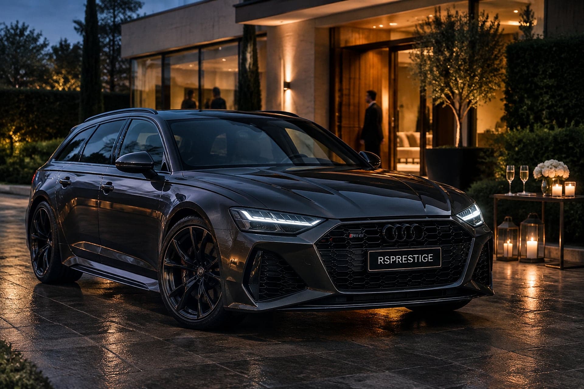 Audi RS 6 Avant grise devant une villa illuminée en soirée